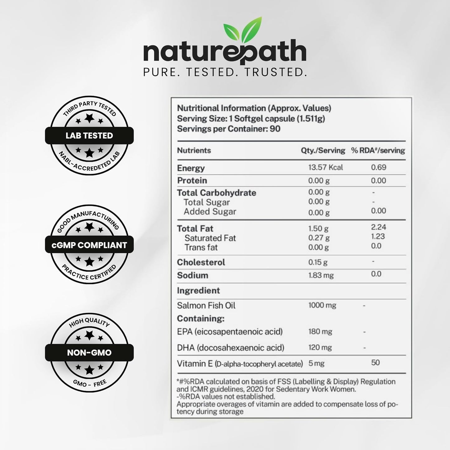 NaturePath Salmon Omega 3 Fish Oil capsules plus Vitamin E - 1000mg - For Men & Women - Supports Heart, Brain, Joints, & skin Health - No Fishy Aftertaste - 3rd Party Lab Tested - 90 Softgels