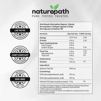 NaturePath Salmon Omega 3 Fish Oil capsules plus Vitamin E - 1000mg - For Men & Women - Supports Heart, Brain, Joints, & skin Health - No Fishy Aftertaste - 3rd Party Lab Tested - 90 Softgels