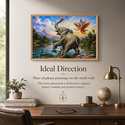 Gajendra Moksha Lord Vishnu Vastu Wall Painting for Living Room Bedroom Hall Office Decor, Hindu Devotional Artwork, Premium Wooden Synthetic Frame (13.5 x 19.5 Inch) NM01-V-181