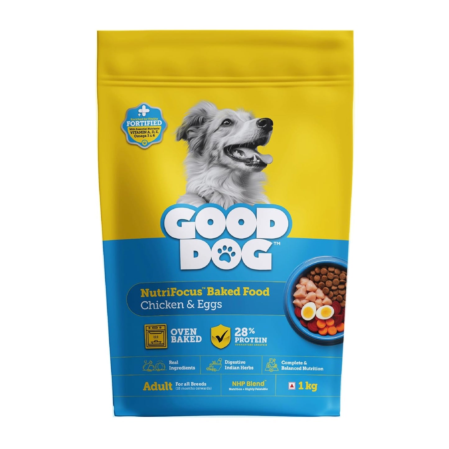 Good Dog Baked Chicken & Egg Dry Dog Food | 1 kg | Human Grade Ingredients | Complete & Balanced with Vitamins, Minerals & Indian Herbs to Support Gut Health | NutriFocus Dry Food for Adult Dogs
