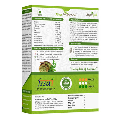 Attar Ayurveda packaging with nutritional information and branding details on a white background