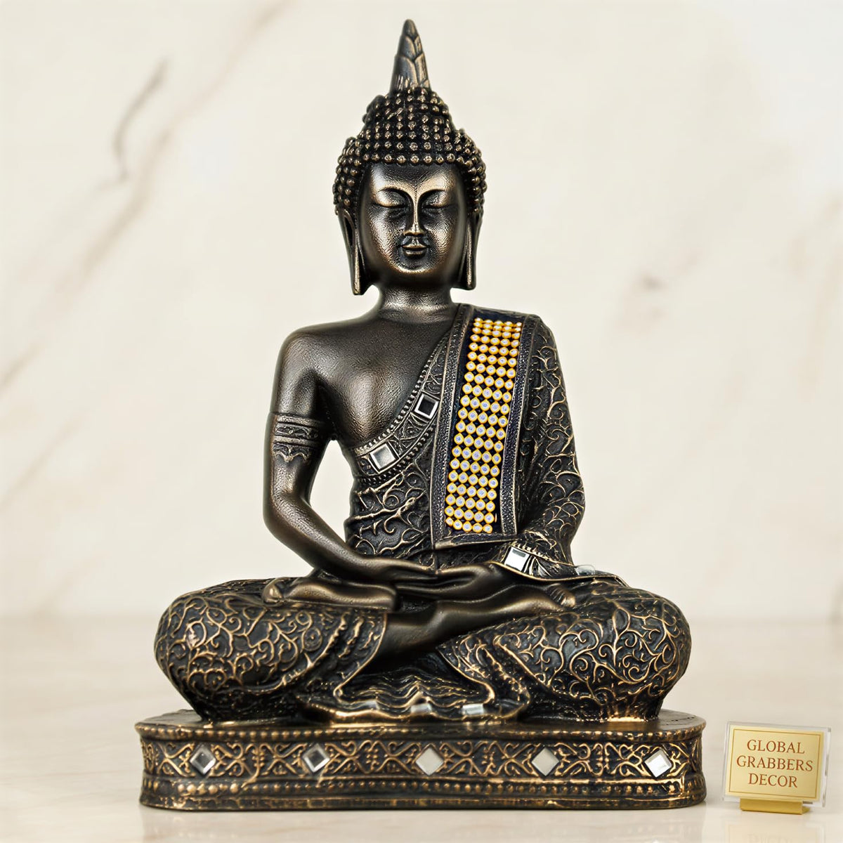 New Limited Edition 25 Centimetre Meditating Sitting Buddha Idol Statue showpiece Home Decor Decoration Items for Living Room and Gifts (Antique Golden)
