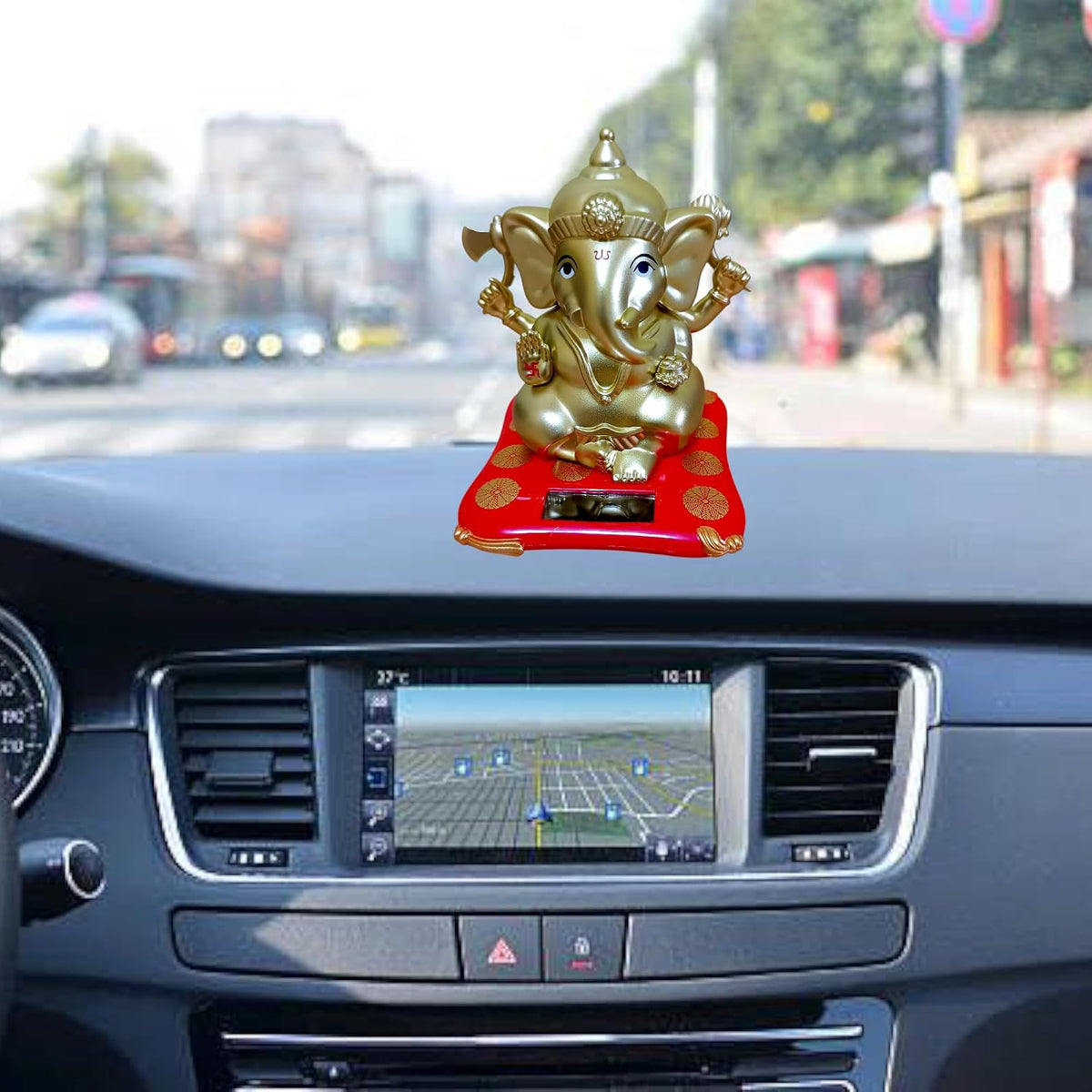 Solar Powered Hand Moving Ganesha Ganesh Ganpati Gajanan Statue Idol Murti Gift Item Decorative Showpiece Multicolor Polyresin Pack of 1 (B280)
