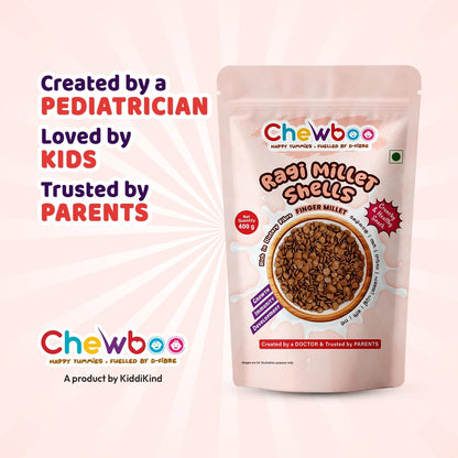 Chewboo Ragi Millet Shells | High Fibre, Iron & Calcium Kids Cereal | 72% Ragi | Jaggery Sweetened | No Refined Sugar | Healthy Breakfast & Snack | 400g