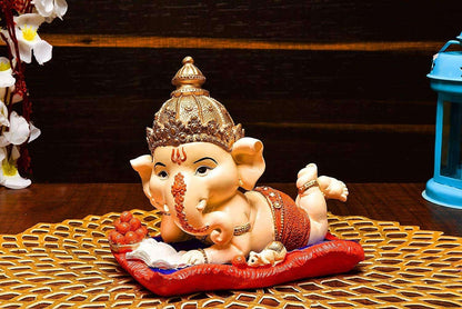 Polyresin Ganesha Reading Book with Mushak Showpiece for Home Decor Office Table Mandir Pooja Spiritual Gift Idol Figurine
