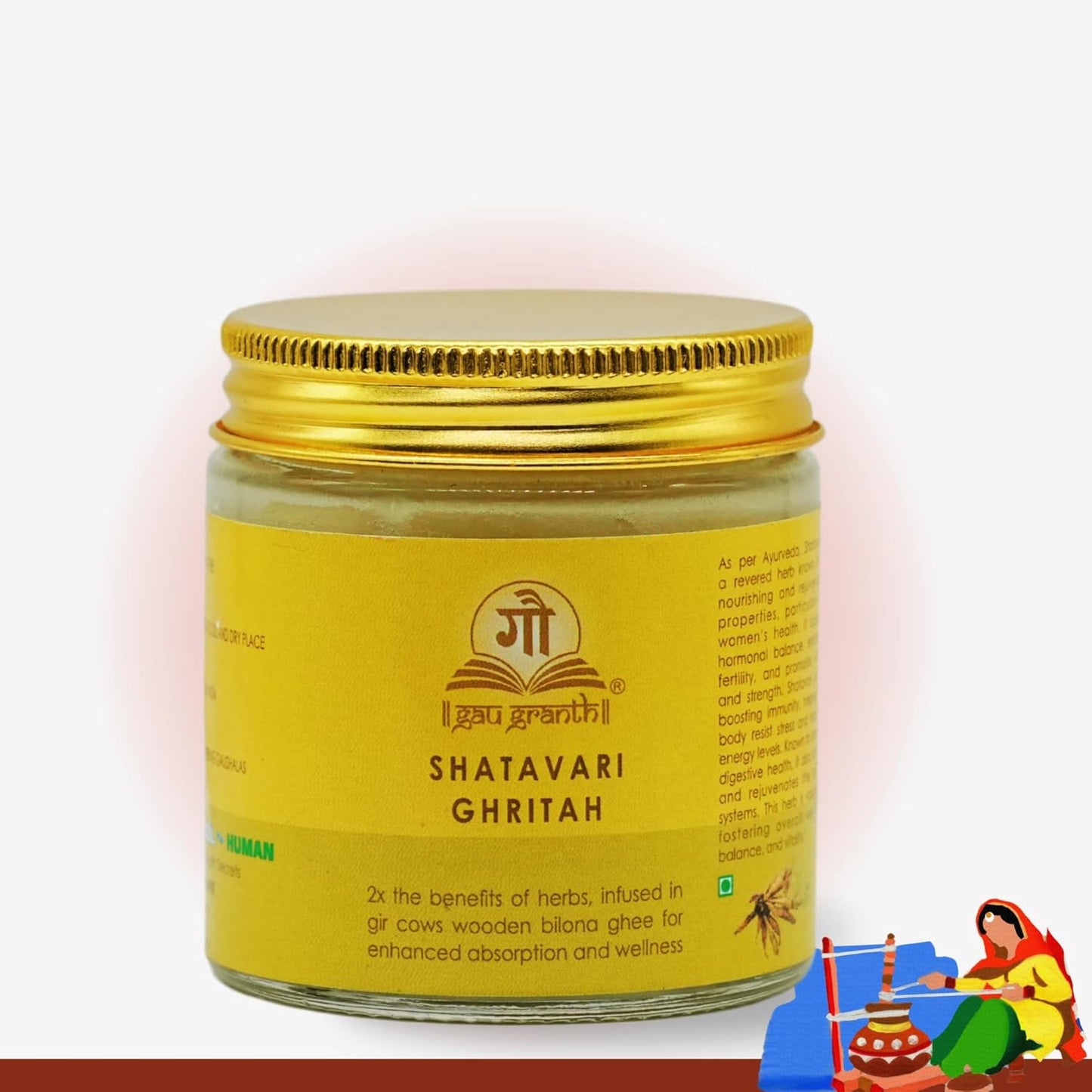 cow ved GauGranth Shatavari A2 Gir Cow Ghee – 100ml (Pack of 1) | Traditional Wooden Bilona Desi Ghee | Infused with Shatavari for Women's Wellness, Hormonal Balance, Reproductive & Digestive Health | Grassfed, 100% Pure & Natural | Glass Jar Packaging