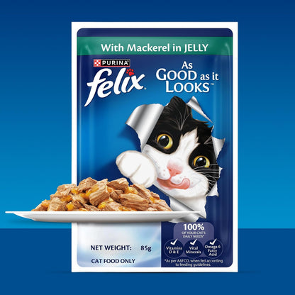 Purina Felix Mackerel in Jelly, Wet Food for Adult Cats, 85g Pouch | With Mackerel in Jelly, Tasty Meaty Chunks, 100% Complete & Balanced Nutrition, Vitamins D & E, Omega 6, Essential Minerals