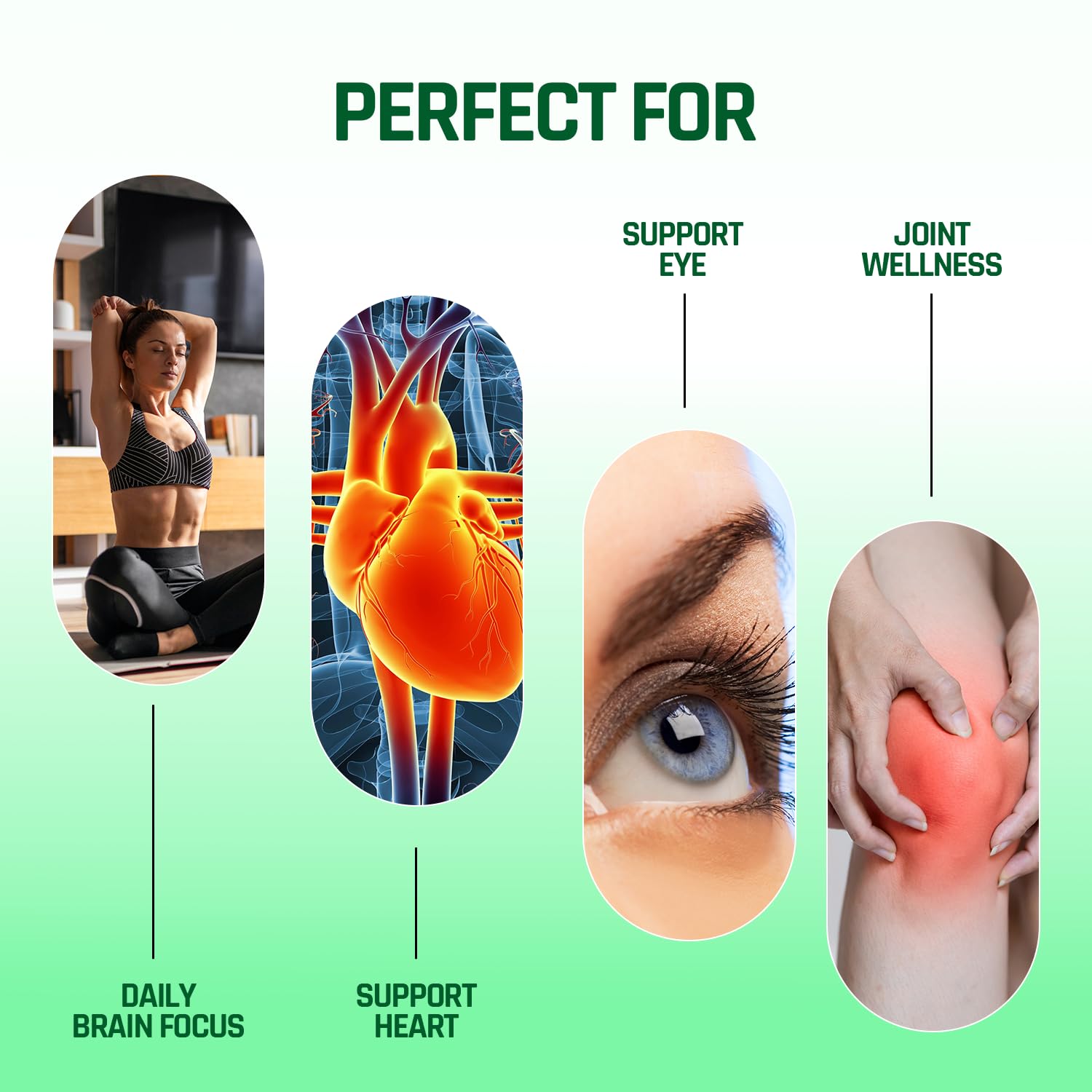 Product advertisement with images of a woman, heart, eye, and knee, labeled for daily brain focus, support heart, support eye, and joint wellness.