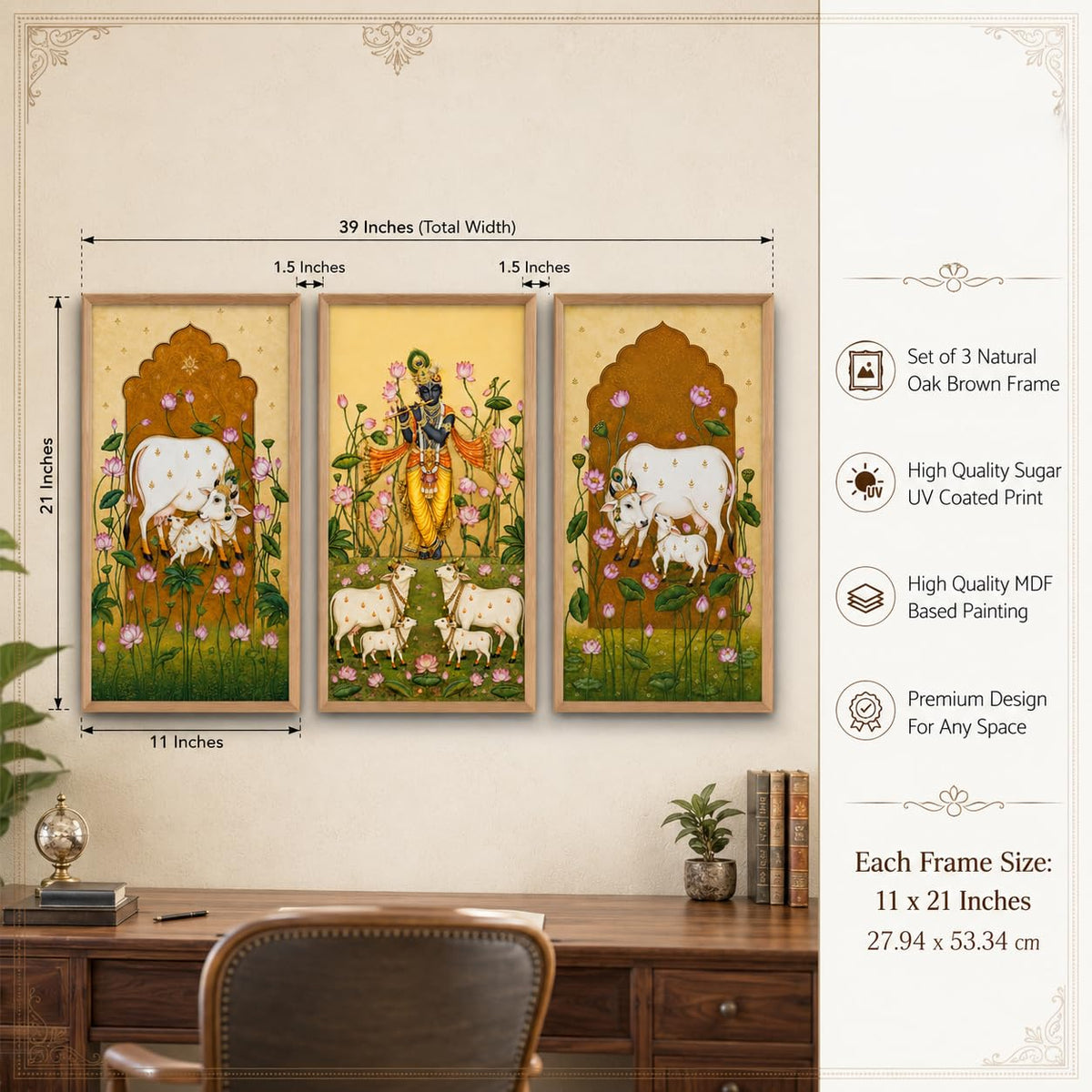 Set of 3 Krishna Cow Lotus Pichwai Wall Paintings with Sparkle Laminate, Premium Wooden Synthetic Frame, Religious Art for Living Room Pooja Temple Decor