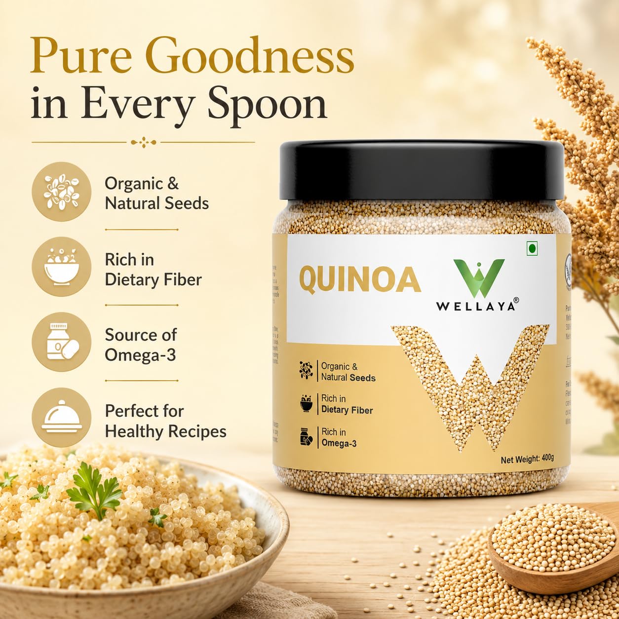 WELLAYA Quinoa Seeds | High Protein & Fiber Quinoa Seeds for Eating | Rich Nutrient Whole Grain | Healthy Food