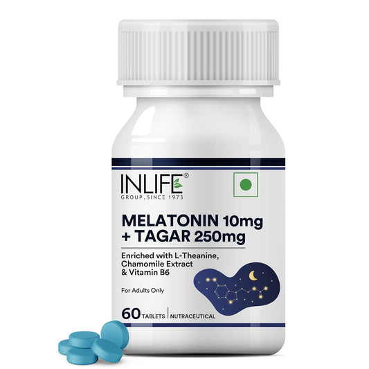 INLIFE Melatonin 10mg with Tagar 250mg | 60 Tablets | Enhanced with Vitamin B6 & Chamomile Extract | May Support Restful Sleep, Relaxation | Non-Habit Forming | Supports Eye Health (Pack of 1)