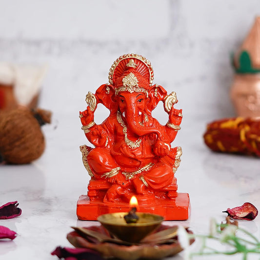 Polyresin Ganesha Statue for Car Dashboard Ganesha Murti Ganpati Idol Figurine for Home Temple| Ganesha Idol for Car Dashboard -Ganesha Idol for Home Decor Entrance (4 inches,Orange)