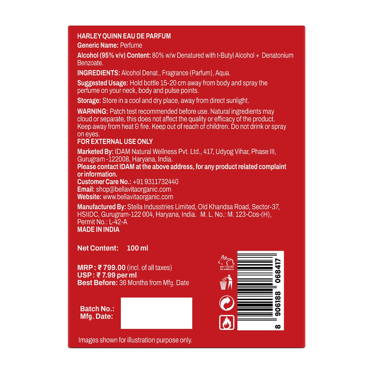 Back label of a Harley Quinn perfume bottle with text and product details.
