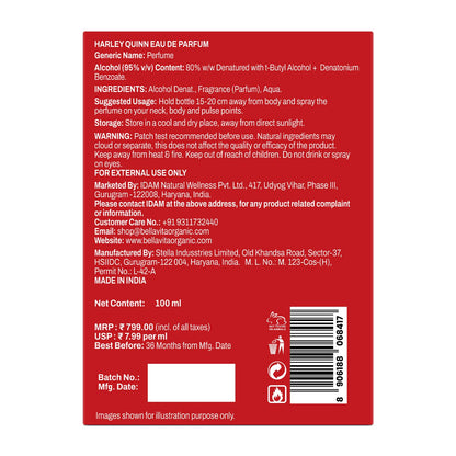 Back label of a Harley Quinn perfume bottle with text and product details.