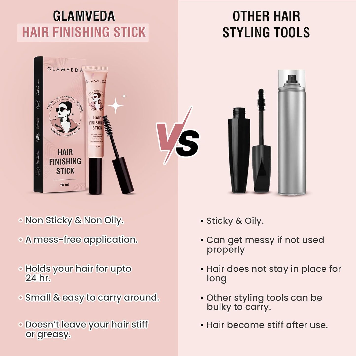 GLAMVEDA Frizz Free Hair Finishing Stick | Anti-Frizz Hair Fix Stick for Flyaways & Baby Hair | Non-Sticky & Non-Greasy Formula | Long-Lasting Hold with Rice Water | 20ml