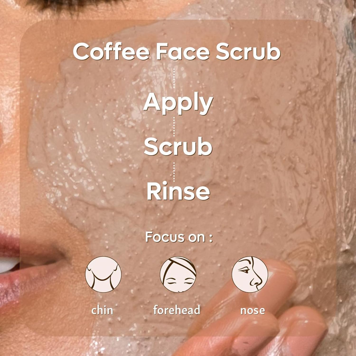 Coffee face scrub application guide with text and icons on skin