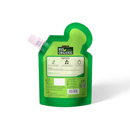 Green plastic pouch with 'Bio Organic' branding on a white background