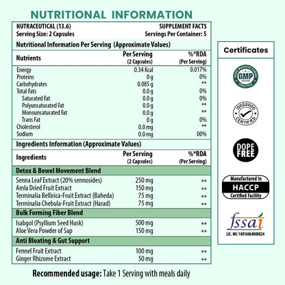 Nutritional information and supplement facts label for a detox and bowel movement blend with certification logos on a white background.
