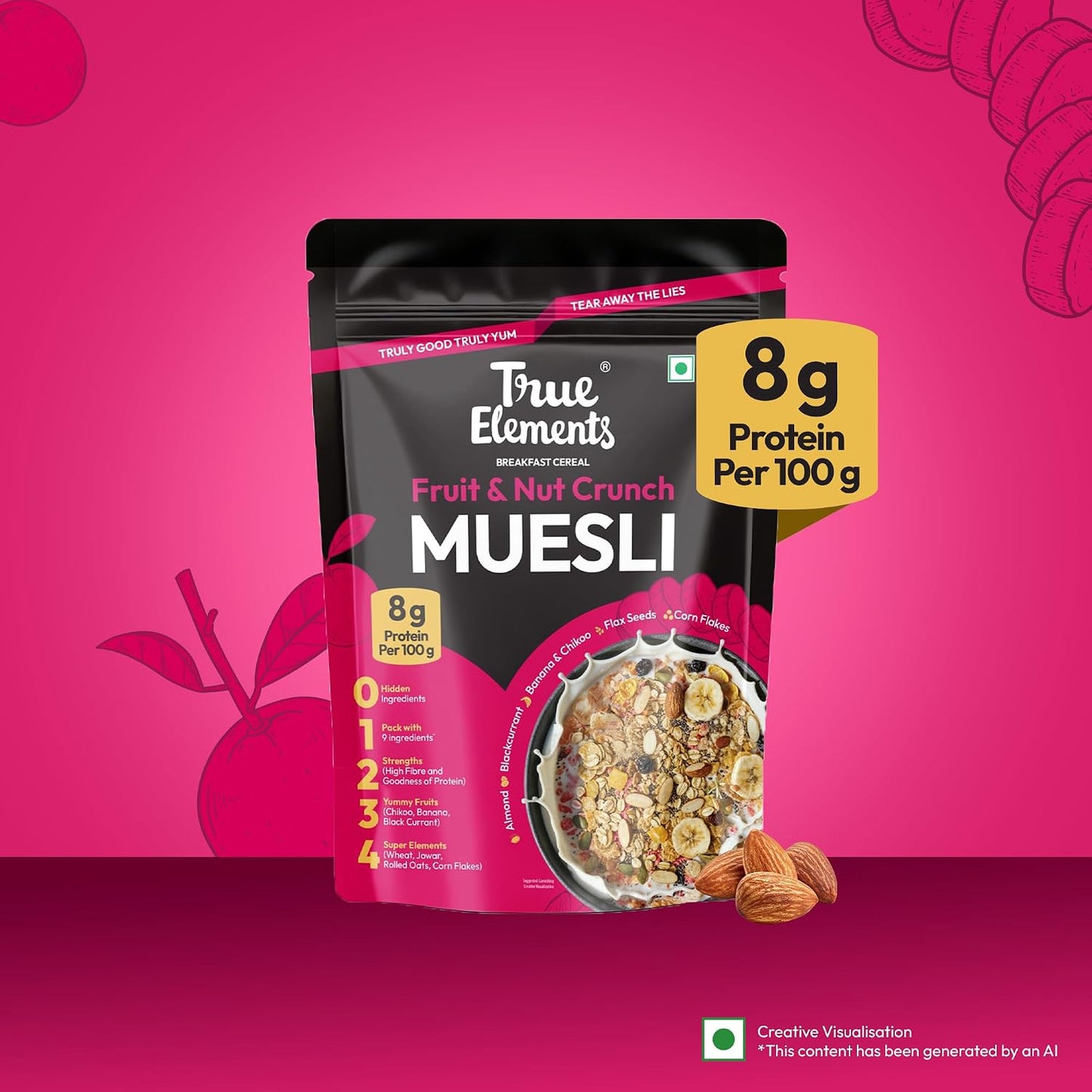 True Elements Fruit & Nut Crunch Muesli 700g | Fruit and Nuts | Cereals for Breakfast | Rich in Fibre | Muesli with Oats and Nuts