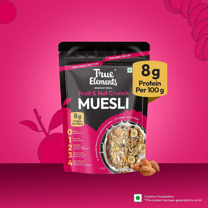 True Elements Fruit & Nut Crunch Muesli 700g | Fruit and Nuts | Cereals for Breakfast | Rich in Fibre | Muesli with Oats and Nuts