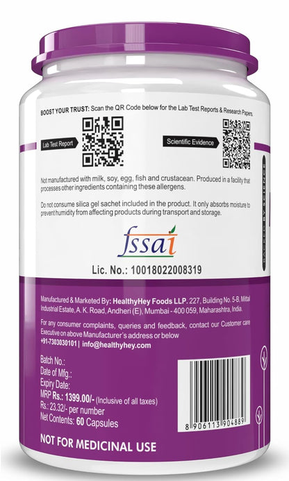 Back label of a supplement container with FSSAI certification and product details.