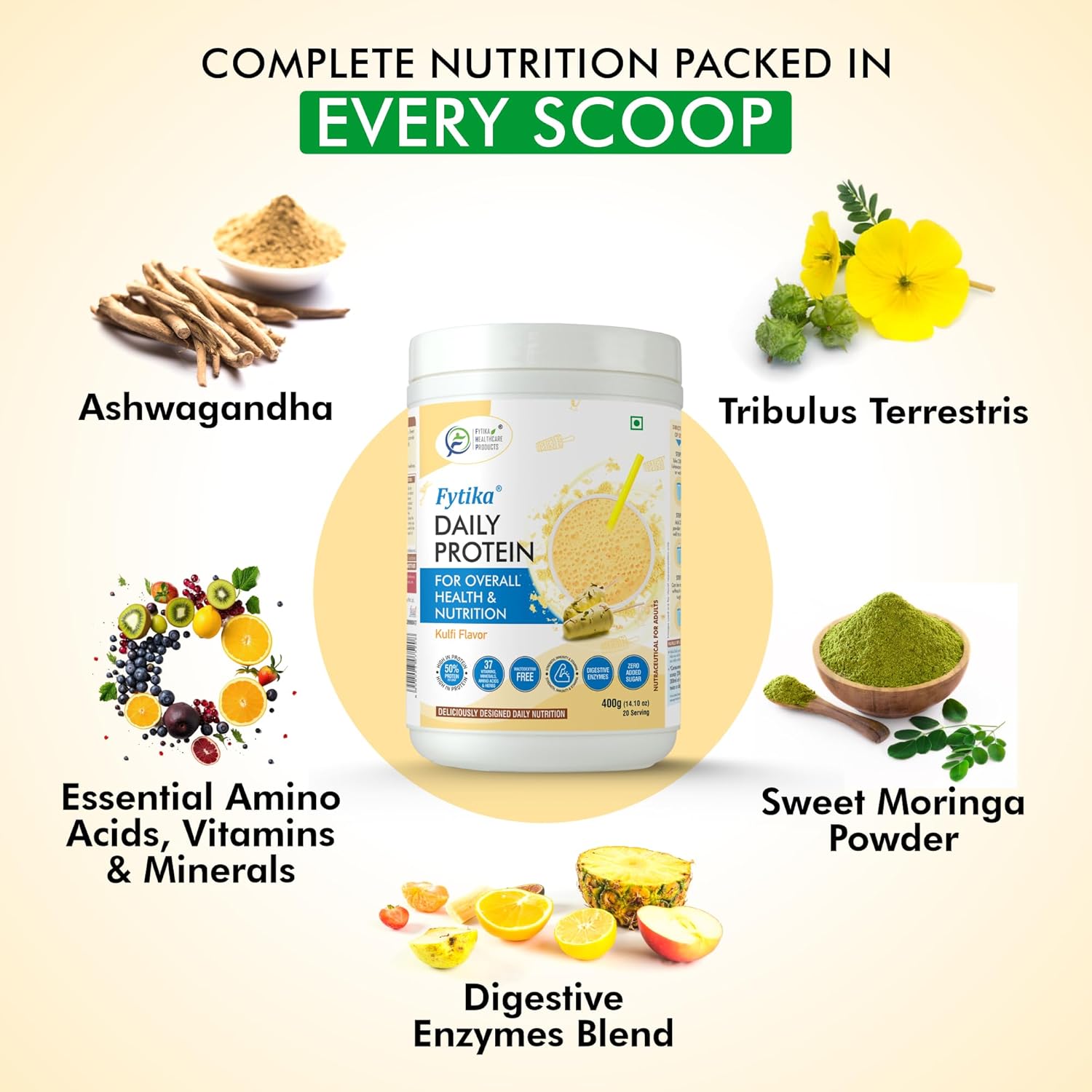 Fytila Daily Protein supplement with ingredients listed on a beige background