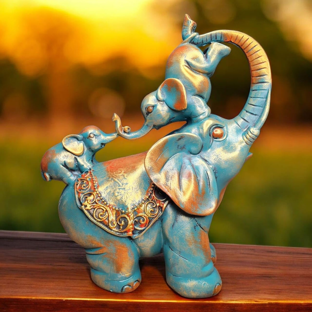Fiber Resin Mother Elephant with 2 Lovely Babies Home Decor Idol | Blue Gold Decorative Animal Showpiece for Living Room, Bedroom, Office & Gifting | 25x15x30 cm (Regular Quality)