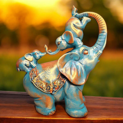 Fiber Resin Mother Elephant with 2 Lovely Babies Home Decor Idol | Blue Gold Decorative Animal Showpiece for Living Room, Bedroom, Office & Gifting | 25x15x30 cm (Regular Quality)