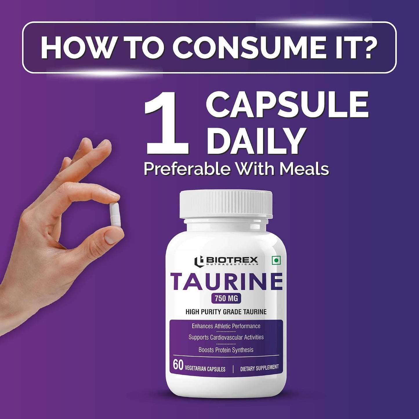 Biotrex Nutraceuticals Taurine 750mg | Antioxidant | Cardiovascular Health & Helps Enhanching Muscle Function | Eye Health | Amino Acid Supplement For Athletic Performance | Men & Women - 60 Veg Capsule