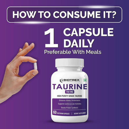 Biotrex Nutraceuticals Taurine 750mg | Antioxidant | Cardiovascular Health & Helps Enhanching Muscle Function | Eye Health | Amino Acid Supplement For Athletic Performance | Men & Women - 60 Veg Capsule