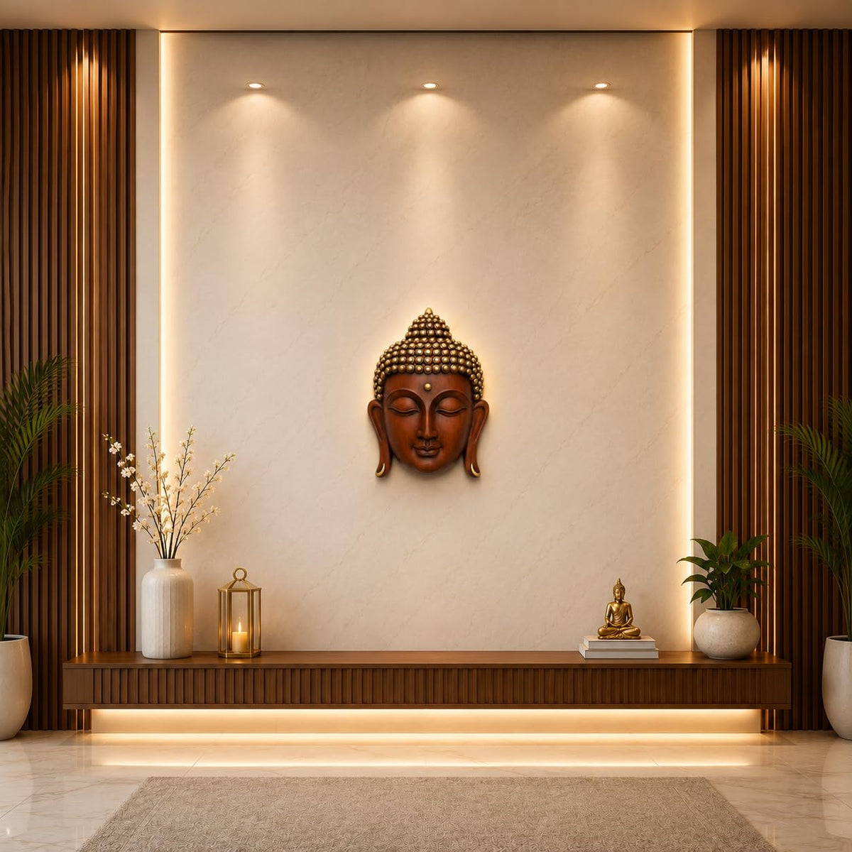 Brown & Gold Buddha Face Wall Hanging Statue for Home Decor, Premium Resin Meditation Buddha Wall Art for Living Room, Office, Temple, Yoga Room & Spiritual Decoration