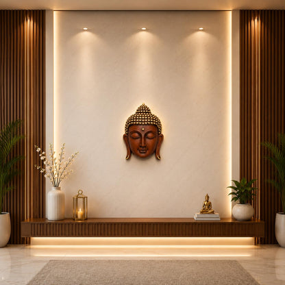 Brown & Gold Buddha Face Wall Hanging Statue for Home Decor, Premium Resin Meditation Buddha Wall Art for Living Room, Office, Temple, Yoga Room & Spiritual Decoration