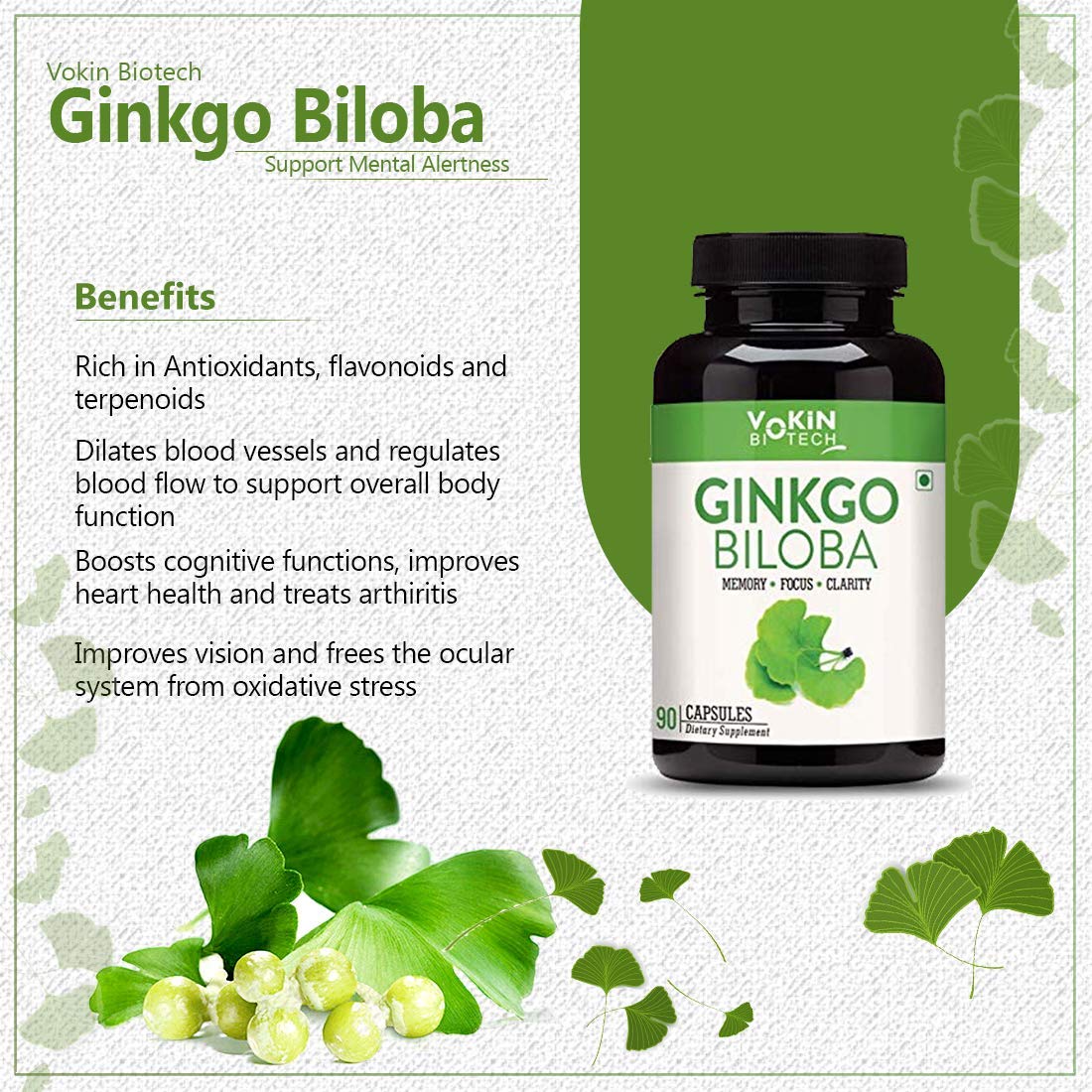 Vokin Biotech Ginkgo Biloba supplement bottle with green leaves and text on a light gray background