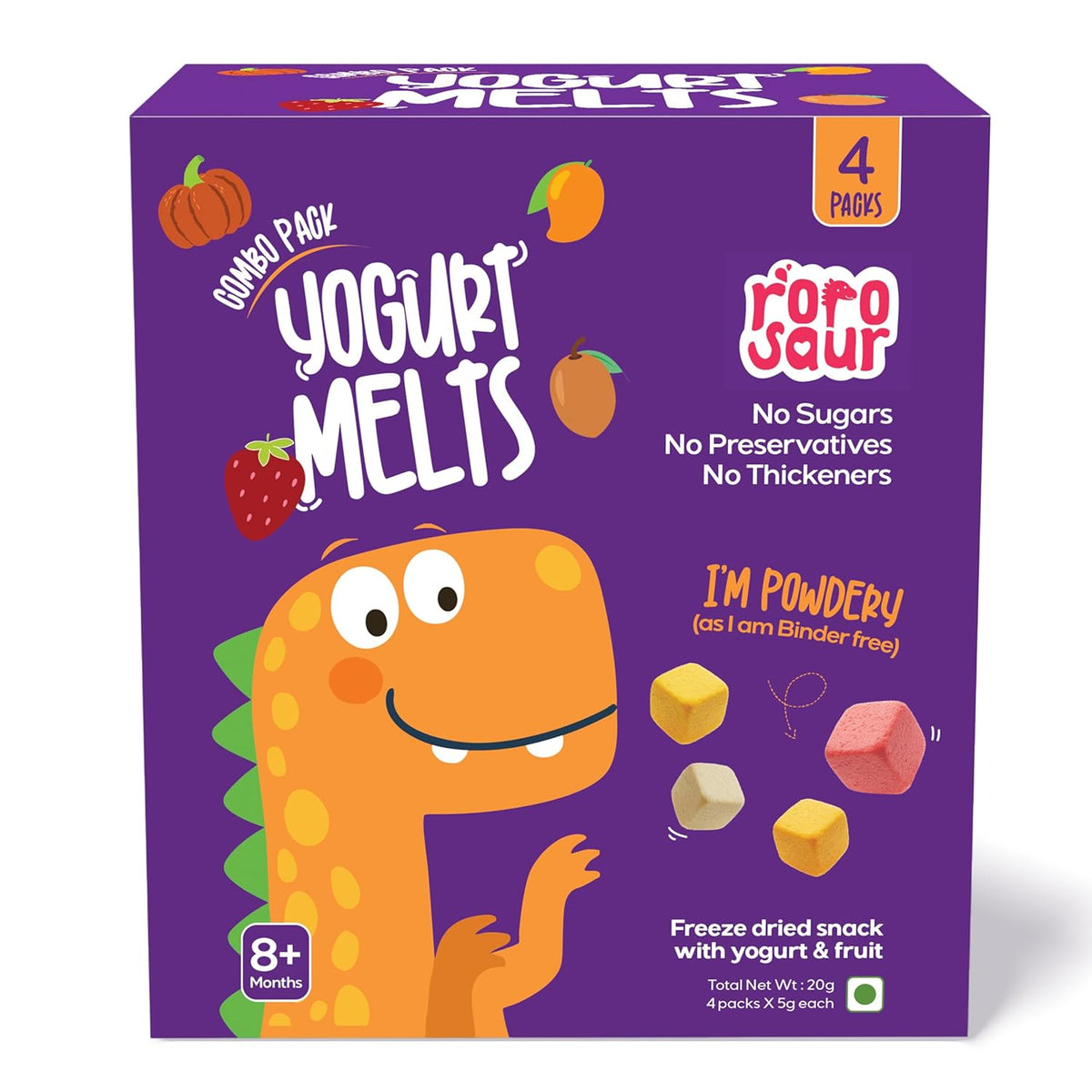 Rorosaur Baby Snacks - Melts with Yogurt and Fruit & Veggie for 8+ Months | Mango, Chickoo, Strawberry, Pumpkin | Finger Food for Toddlers | No Sugars, No Preservatives, No Binders | 4 Variants 5g each