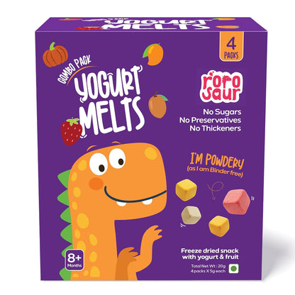 Rorosaur Baby Snacks - Melts with Yogurt and Fruit & Veggie for 8+ Months | Mango, Chickoo, Strawberry, Pumpkin | Finger Food for Toddlers | No Sugars, No Preservatives, No Binders | 4 Variants 5g each