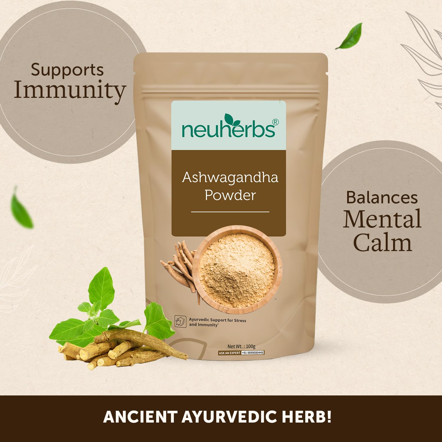 Neuherbs Ashwagandha Powder packaging with text about immunity and mental calm on a beige background.