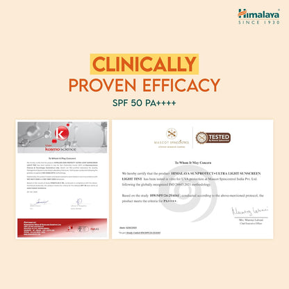 Himalaya sunscreen product with clinical efficacy certificates on a beige background