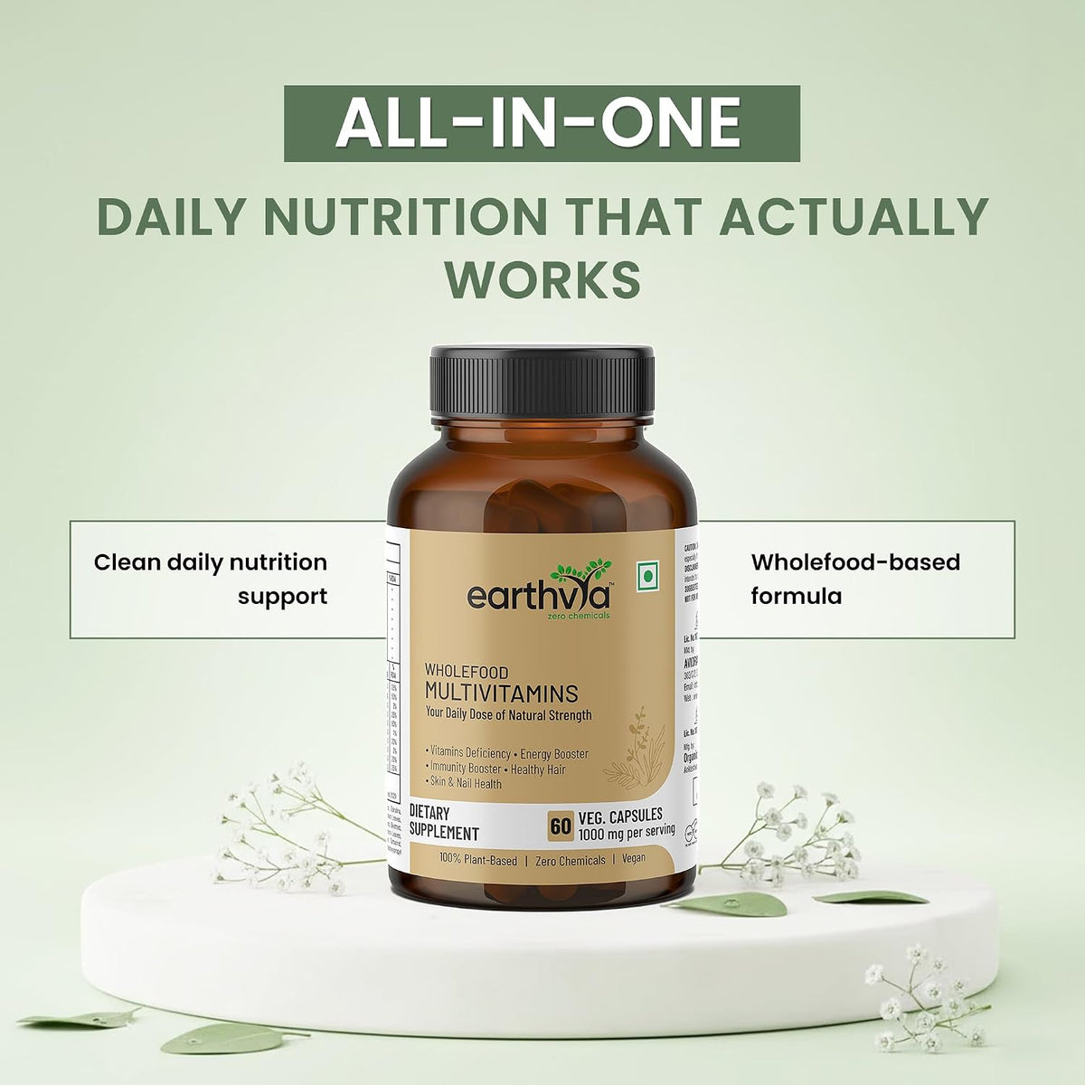 Earthvya Wholefood Multivitamins 1000mg | Plant-Based Daily Nutrition Supplement | Zero Chemicals & Additives | Natural Energy, Immunity & Strength Support | 60 Veg Capsules