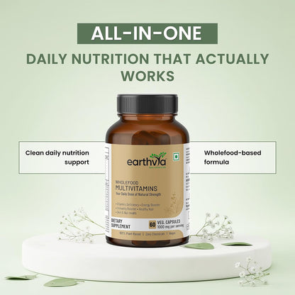 Earthvya Wholefood Multivitamins 1000mg | Plant-Based Daily Nutrition Supplement | Zero Chemicals & Additives | Natural Energy, Immunity & Strength Support | 60 Veg Capsules