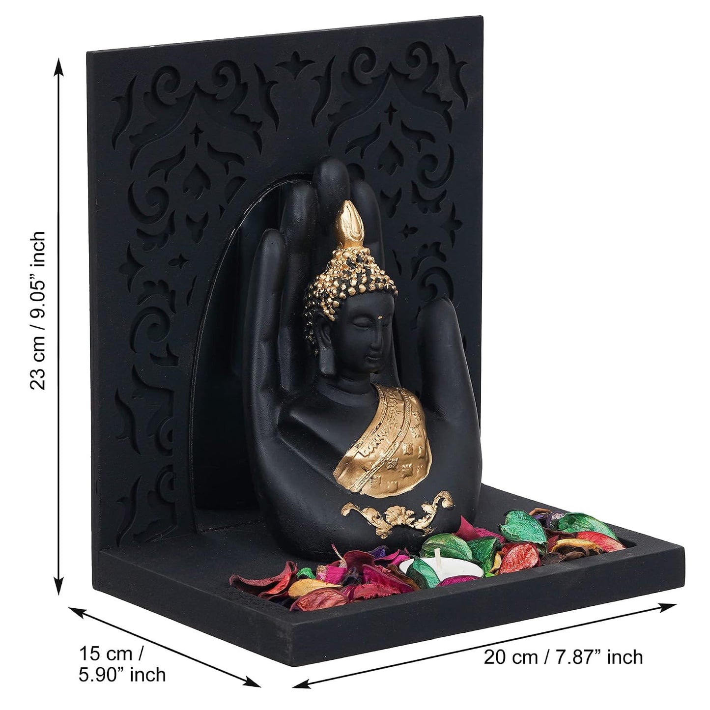 eCraftIndia Gold & Black Polyresin Palm Buddha Showpiece with Rectangle Wooden Base and Background, Fragranced Petals & Tealight