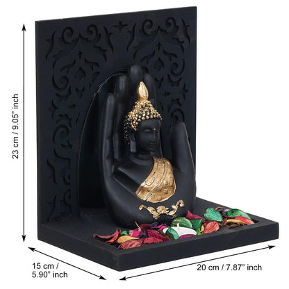eCraftIndia Gold & Black Polyresin Palm Buddha Showpiece with Rectangle Wooden Base and Background, Fragranced Petals & Tealight