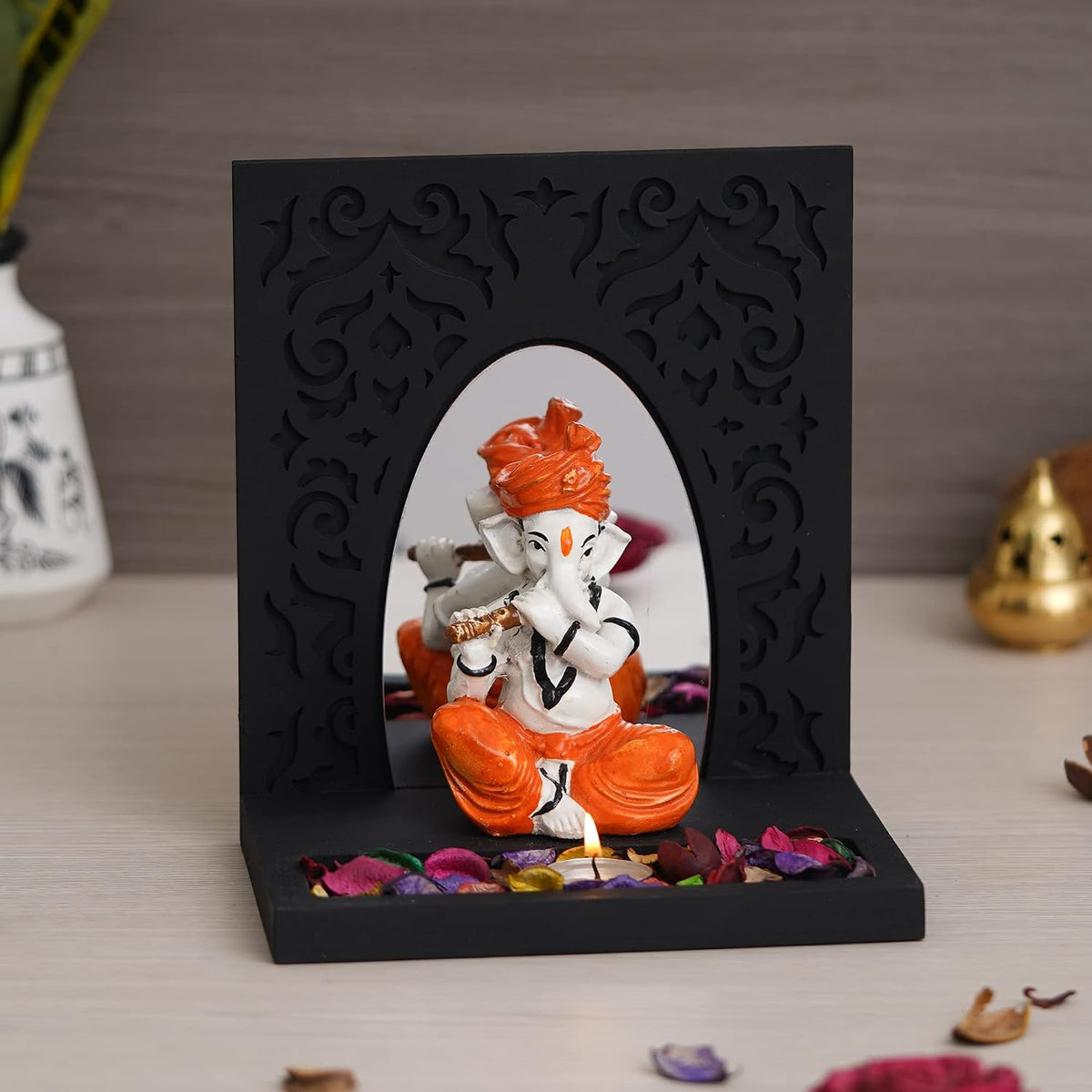 Orange White Resin Lord Ganesha Idol Playing Flute Showpiece Potpourri Tea Light Candle Holder| Ganpati Murti Tea Light Holder Diwali Decoration Items for Home Decor Office| Diwali Gift