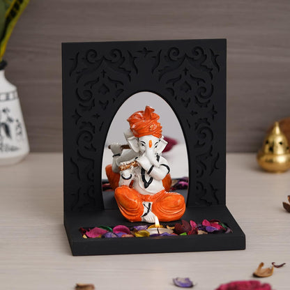 Orange White Resin Lord Ganesha Idol Playing Flute Showpiece Potpourri Tea Light Candle Holder| Ganpati Murti Tea Light Holder Diwali Decoration Items for Home Decor Office| Diwali Gift