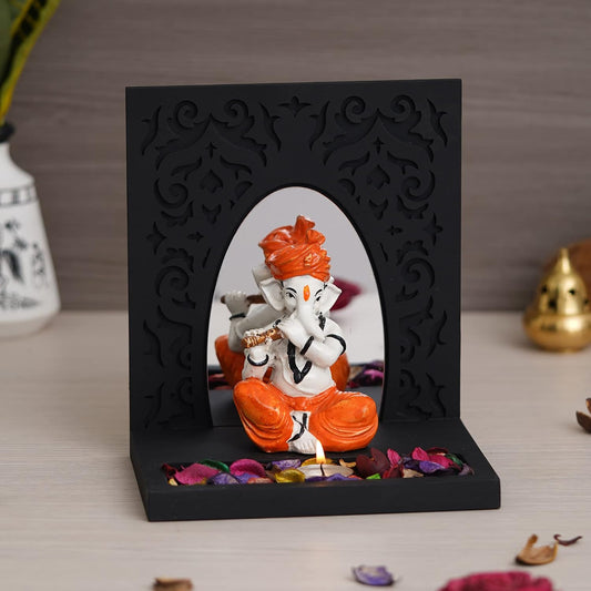 Orange White Resin Lord Ganesha Idol Playing Flute Showpiece Potpourri Tea Light Candle Holder| Ganpati Murti Tea Light Holder Diwali Decoration Items for Home Decor Office| Diwali Gift