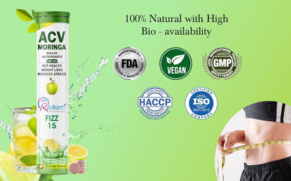 ACV Moringa 500mg Shikanji Flavour 15 Effervescent Tablets For Gut Health | Weight Loss | Reduces Stress | 100% Vegan | 15 Tablets Each (Pack of 1)