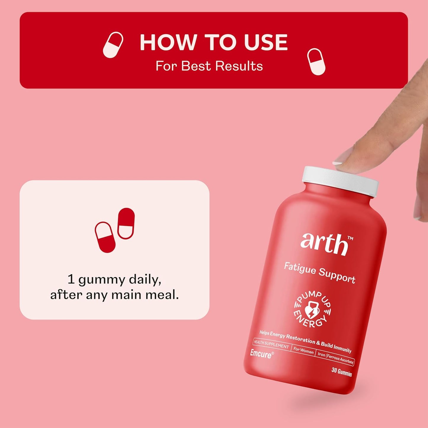 Arth Iron Supplement For Women | High Absorption Ferrous Ascorbate (67%) | With Folic Acid | Boosts Hemoglobin & Energy Levels | Reduces Fatigue & Lethargy | Emcure Pharma | 30 Iron Gummies