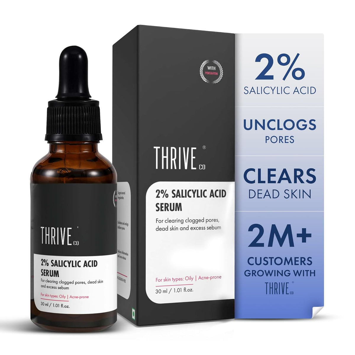 Thrive 2% Salicylic Acid Serum bottle and packaging on a white background