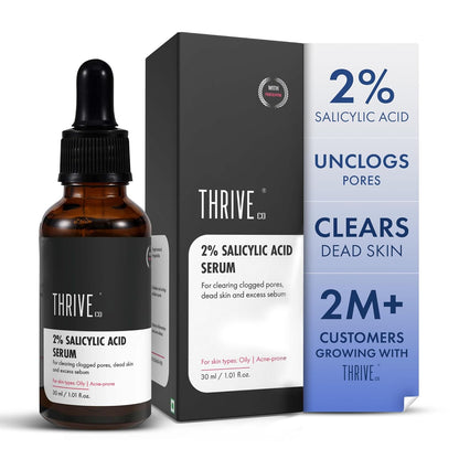 Thrive 2% Salicylic Acid Serum bottle and packaging on a white background