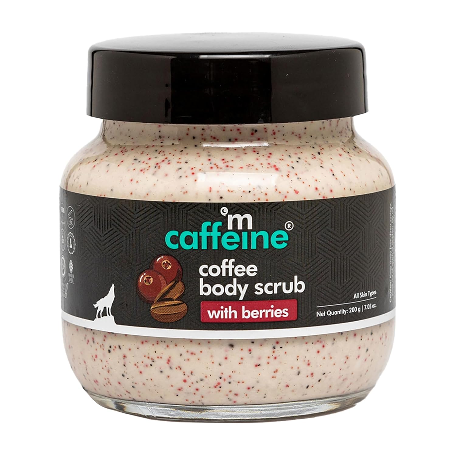 Jar of caffeine coffee body scrub with berries on a white background