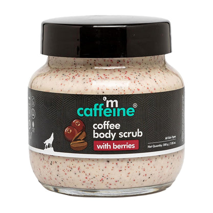 Jar of caffeine coffee body scrub with berries on a white background